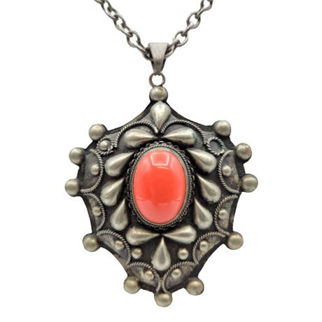 Vintage Italian Made Coral Cabochon Boho Pendant Necklace