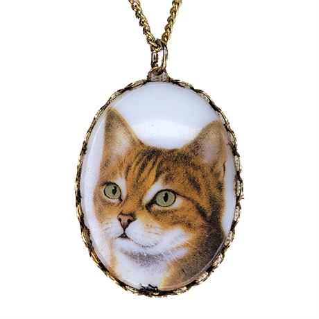 Signed Vintage Orange Tabby Cat Portrait Pendant Necklace