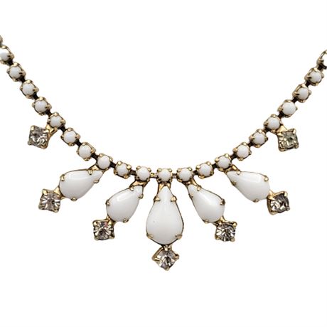 1950s Gold Tone Milk Glass Rhinestone Necklace