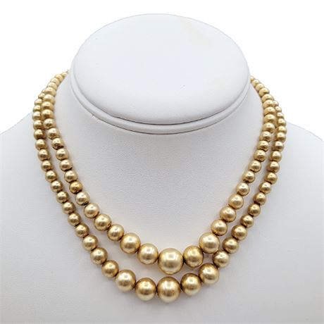 Vintage Graduated 2-Strand Gold Faux Pearl Necklace w/ Sterling Clasp