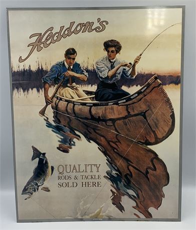 17” Metal Heddon’s Quality Rod & Tackle Fishing Supplies Advertising Sign
