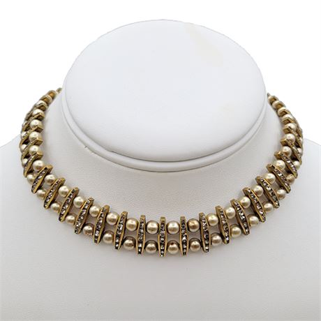 Vintage Art Deco Faux Pearl & Rhinestone Choker Necklace