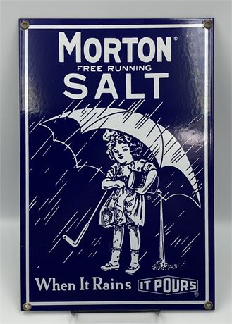 Vintage 1980s era Morton Salt Blue & White Porcelain Advertising Sign