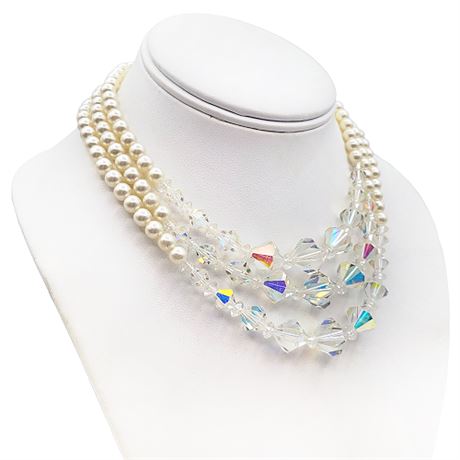 Vintage 3-Strand Aurora Borealis Crystal & Faux Pearl Necklace