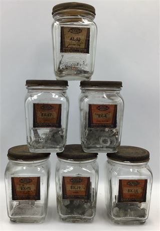 6 pc 1930s Service Station Standard Motor Products Automobile Repair Parts Jars