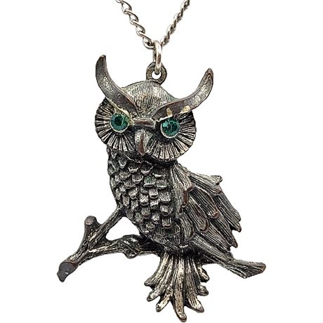 1970s Pewter Owl w/ Rhinestone Eyes Pendant Necklace