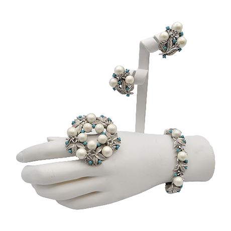 1960s Sarah Coventry Silver Tone Faux Pearl Bracelet, Brooch & Clip Earrings Set
