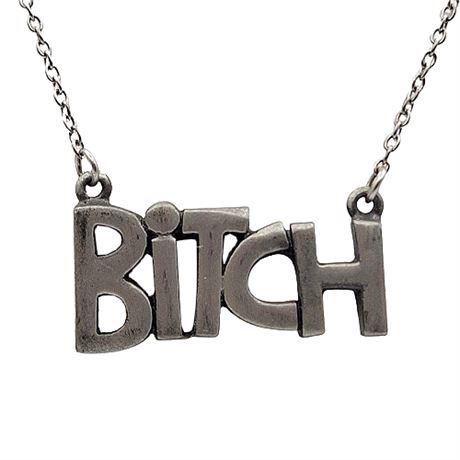 1970s Pewter "Bitch" Pendant Necklace