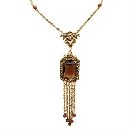 1970s Goldette Faux Amber Tassel Pendant Necklace