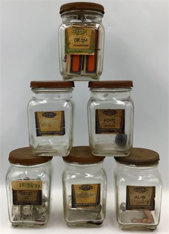 6 pc 1930s Service Station Standard Motor Products Automobile Repair Parts Jars