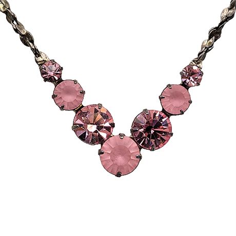 Vintage Pink Matte & Shiny Rhinestone "V" Necklace