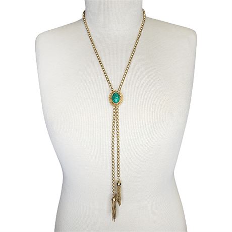 1973 Delizza & Elster for Avon Ming Green Lariat Slide Tassel Necklace