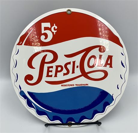 Vintage 1980s era 5 cent 8” Pepsi Cola Round Soda Shop Advertising Sign