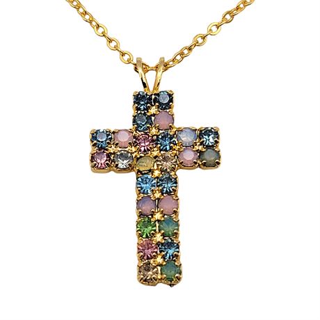 New in Box 1980s Olit Austrian Crystal Cross Pendant Necklace