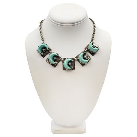 1970s Silver Tone Faux Turquoise Boho Crescent Moons Necklace