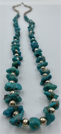 Striking Turquoise Nugget & Silver Bead 38” Circumference Necklace