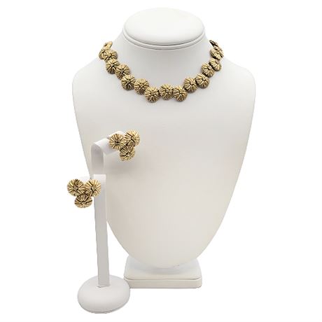 1960s Crown Trifari Staggered Flowers Rhinestone Necklace & Clip Earrings Set