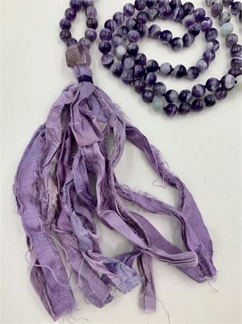 8mm Lavender & Plum Fluorite Gemstone Bead 28” Long Lariat Necklace,Silk Tassel