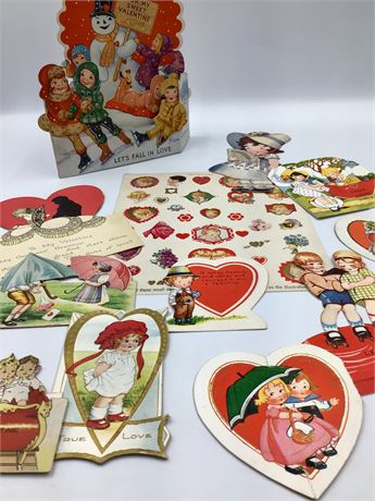 12 pc Antique & Vintage Assorted Stand Up, Die Cut Heart & Trim Valentine Lot