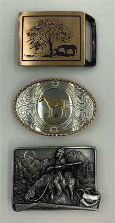 3 Vintage Horse, Frontier, Wild West, Cowboy Belt Buckles