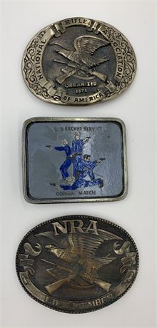 3 Vintage Belt Buckles: NRA Eagle & US Secret Service Combat