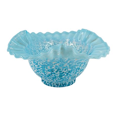 Vintage Blue & White Ruffled Edge Glass Bowl