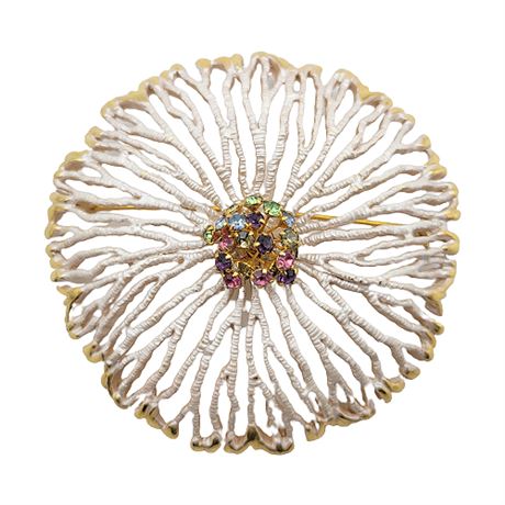 1970s Park Lane Huge Flower/Coral Brooch w/ Rhinestone Center