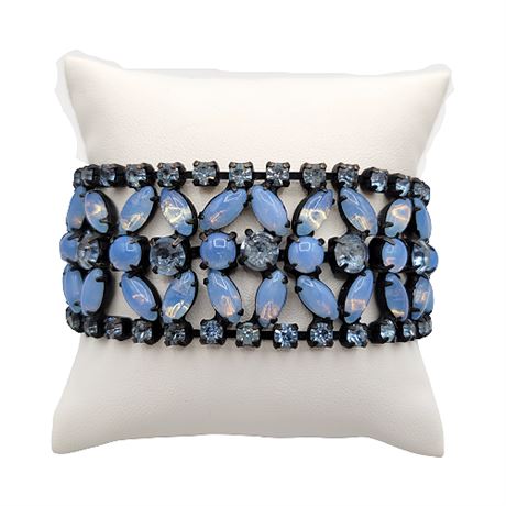 1950s Blue Rhinestone & Faux Opal Set in Black Statement Bracelet
