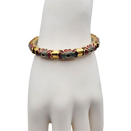 Vintage Art Nouveau Style Cloisonné Flower Bangle Bracelet