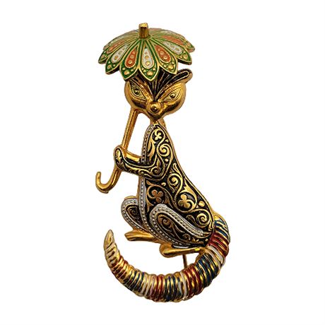 1920s Damascene Cat w/ Umbrella Brooch Made in Spain