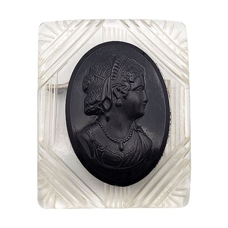 Vintage Art Deco Large Carved Clear Lucite Black Cameo Brooch