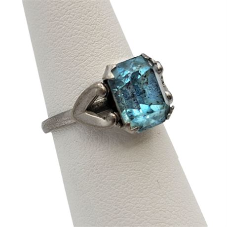 1950s Uncas Silver Tone Blue Rhinestone Ring Sz 5.5