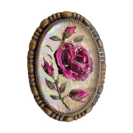 Vintage Goofus Glass Reverse Painted Rose Mother of Pearl Brooch