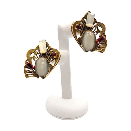 Vintage Large Art Nouveau Style Rhinestone Clip Earrings