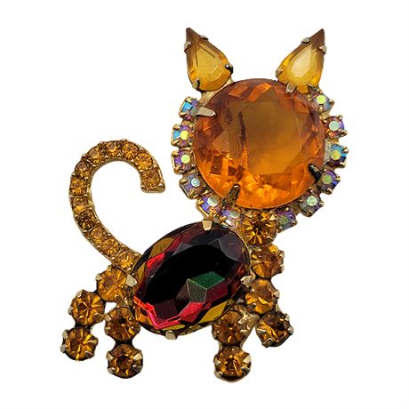 Vintage Juliana Walking Cat Aurora Borealis Rhinestone Brooch