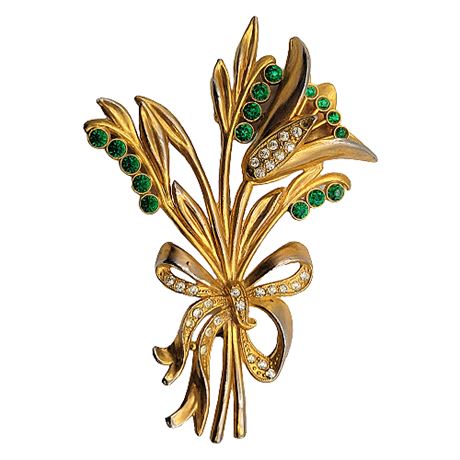1940s Unmarked Coro Large Floral Rhinestone Brooch