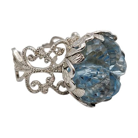 1960s Sarah Coventry Faceted Blue Lucite Adjustable Filigree Cocktail Ring