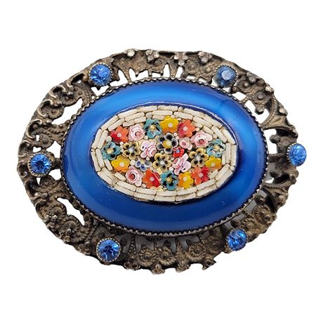 Vintage Italian Millefiori Micro-Mosaic Silver Vermeil Brooch