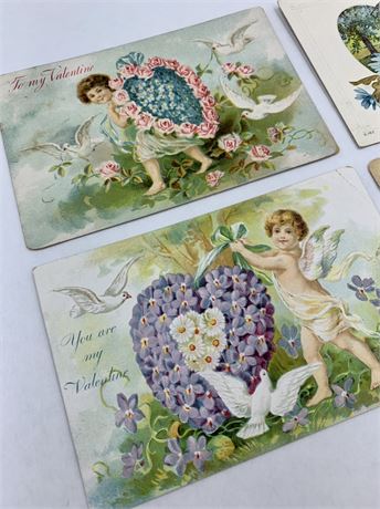 4 pc Antique 1908-1909 Valentine Postcard Lot, 1 cent Stamp