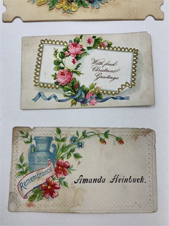 7 pc Antique Victorian Scrap Embossed Floral & Bird Paper Calling Cards