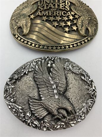 3 Vintage Brass & USA Silver Eagle Belt Buckles