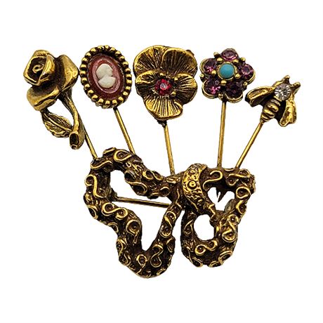 Vintage Goldette 5-Stick Gold Tone & Rhinestone Brooch