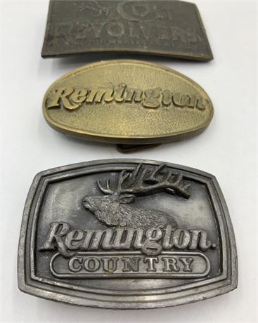 3 Vintage Remington & Colt Revolvers Belt Buckles