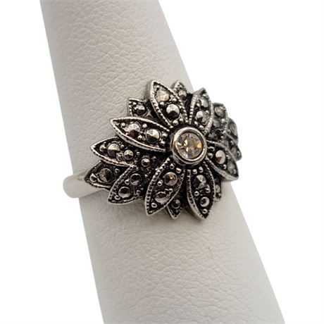 Vintage Marcasite Flower Ring Sz 6