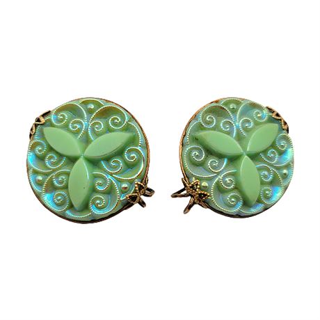 Mid-Century Hill Craft Iridescent Aqua Glass Slip On Earrings