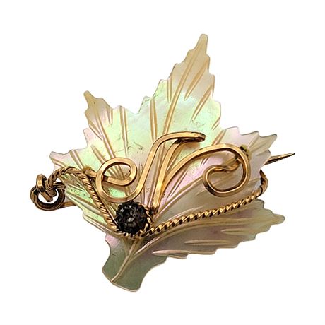 Vintage Mid-Century Carved Mother of Pearl Leaf w/ Wire "N" Brooch