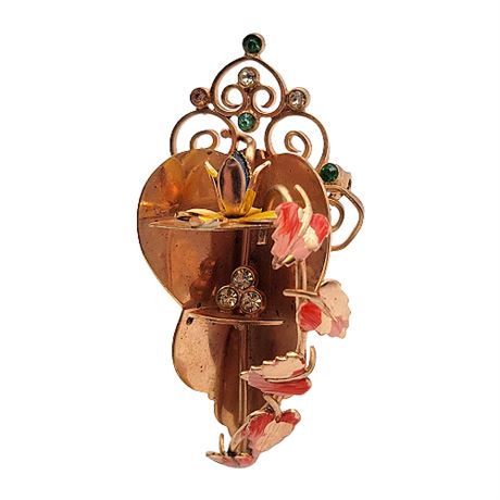 Vintage Copper Shelf Brooch w/ Rhinestones & Enamel Flowers