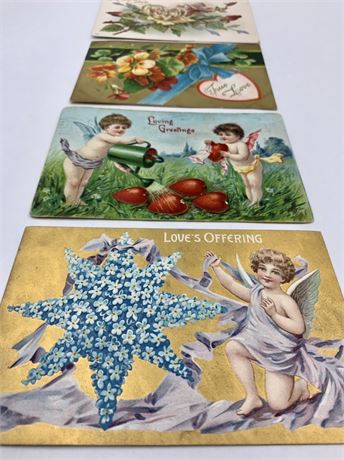 4 pc Antique 1910 Valentine Postcard Lot, 1 cent Stamps