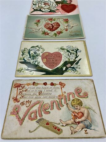 4 Antique 1910-1913 Valentine Postcard Lot, 1 cent Stamps