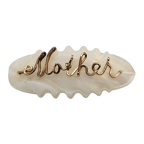 Vintage Mid-Century Carved Mother of Pearl Wire "Mother" Brooch